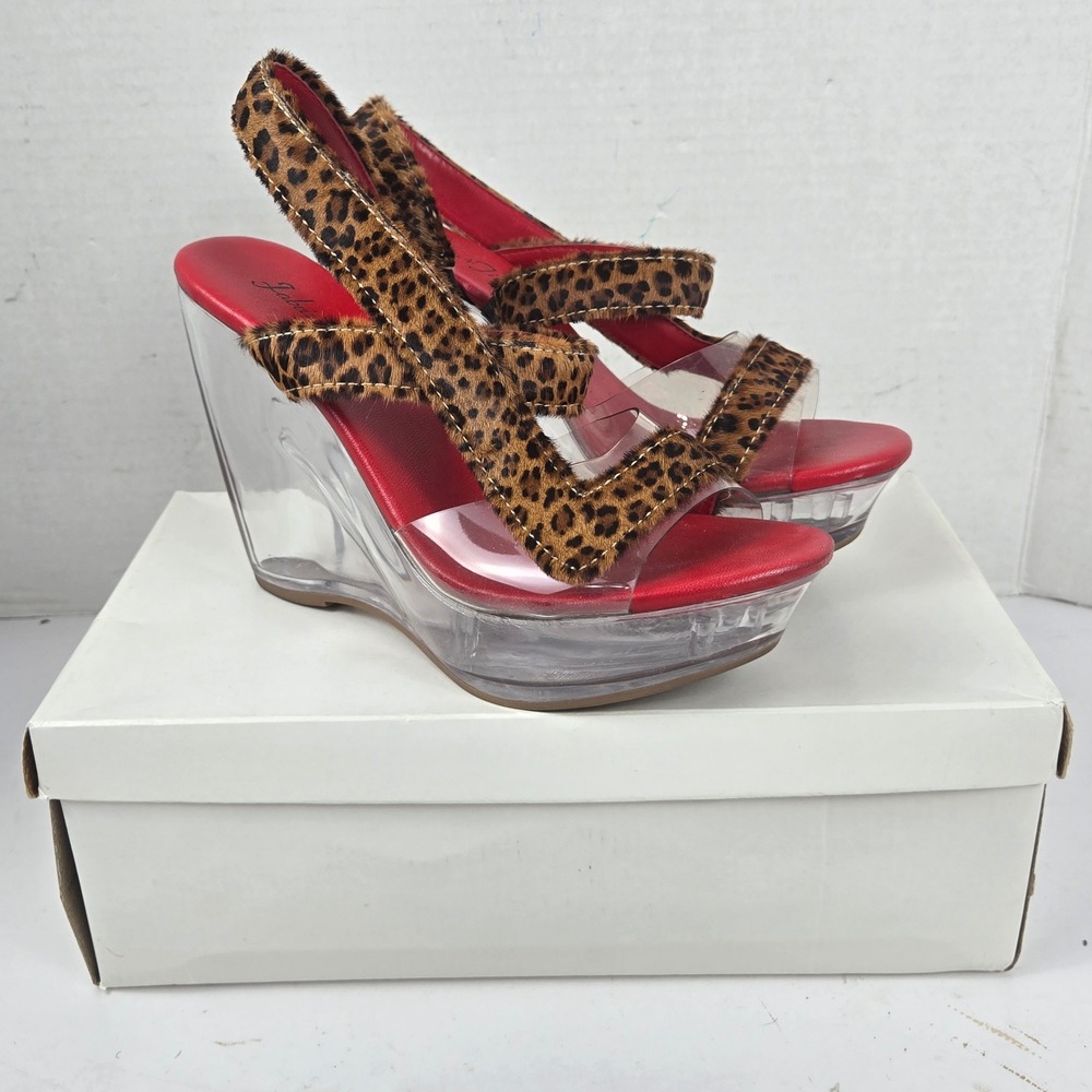 Leopard Print Slingback Wedge Sandals with Red Insole